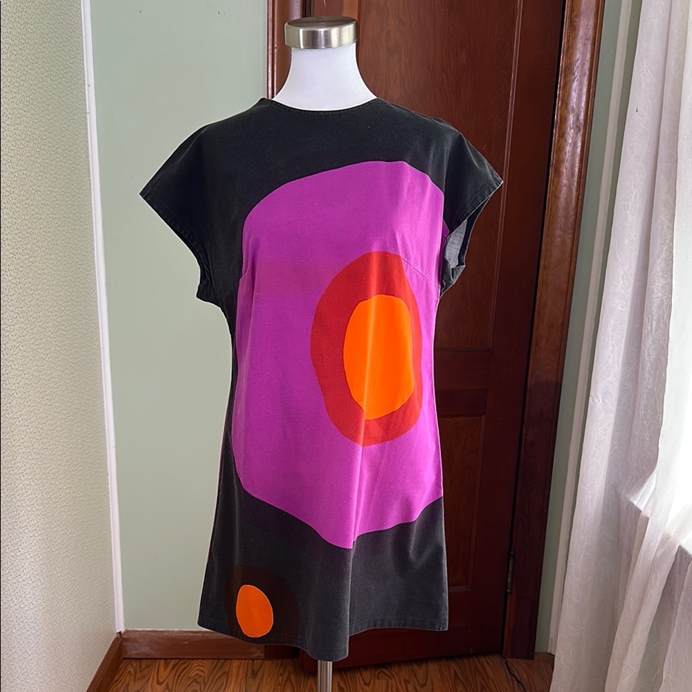 VINTAGE Marimekko Colorful Abstract Dress with Pink and Orange Accents